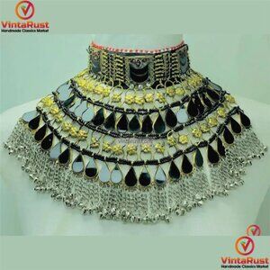 Black Kuchi Choker Afghan Necklace, Tribal Handmade Bib Style Necklace